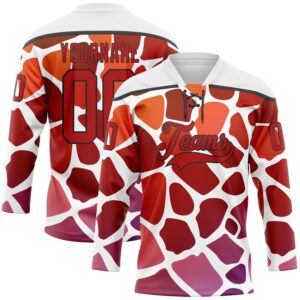 Custom White Red-Black 3D Pattern Gradient Giraffe Print Neon Hockey Lace Neck Jersey