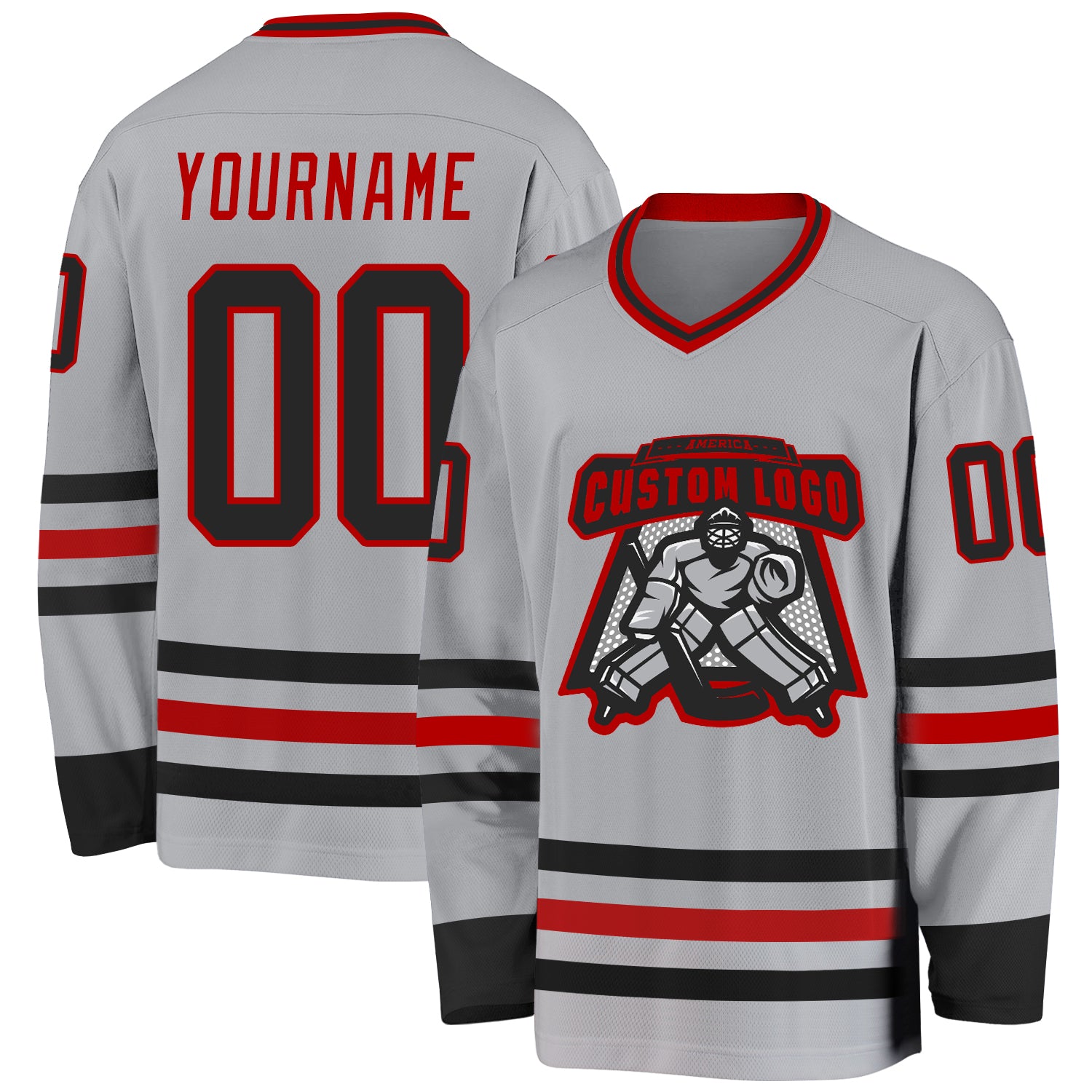Custom Gray Black-Red Hockey Jersey - Image 2