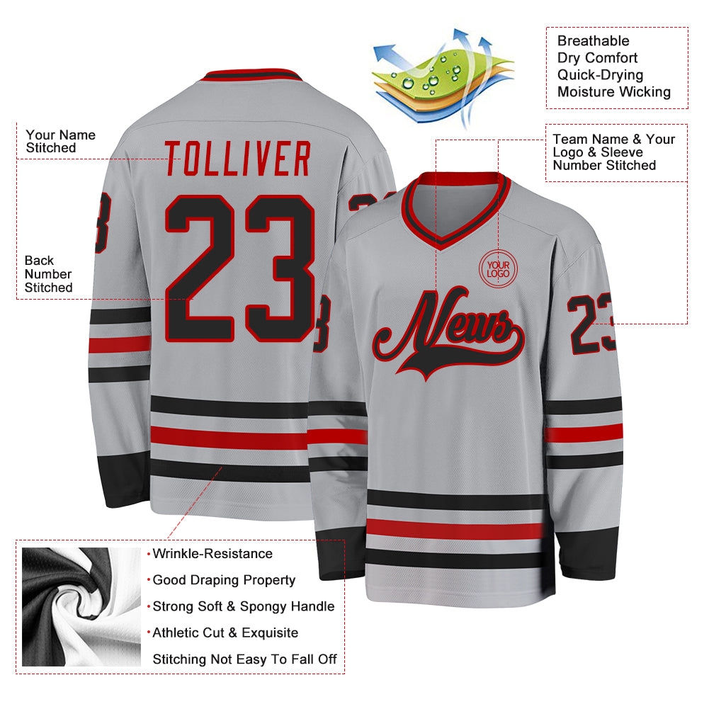 Custom Gray Black-Red Hockey Jersey - Image 3