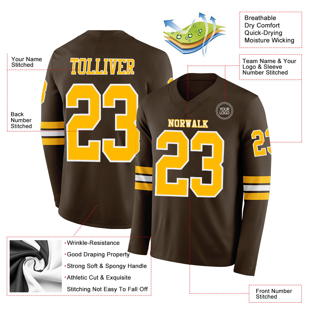 Custom Brown Gold-White Long Sleeve Authentic Football Jersey - Image 2