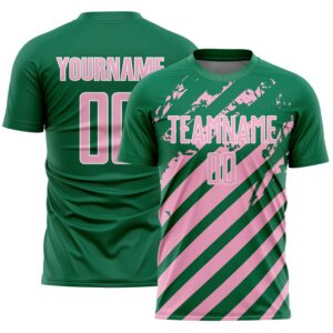 Custom Kelly Green Light Pink-White Distressed Diagonal Stripe Pattern Sports Sublimation Soccer Uniform Jersey